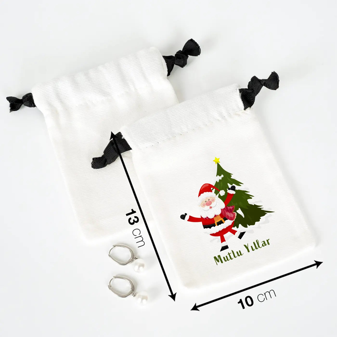 Yeni Yıla Özel Siyah İpli Bez Kese - Beyaz Panama Kumaş