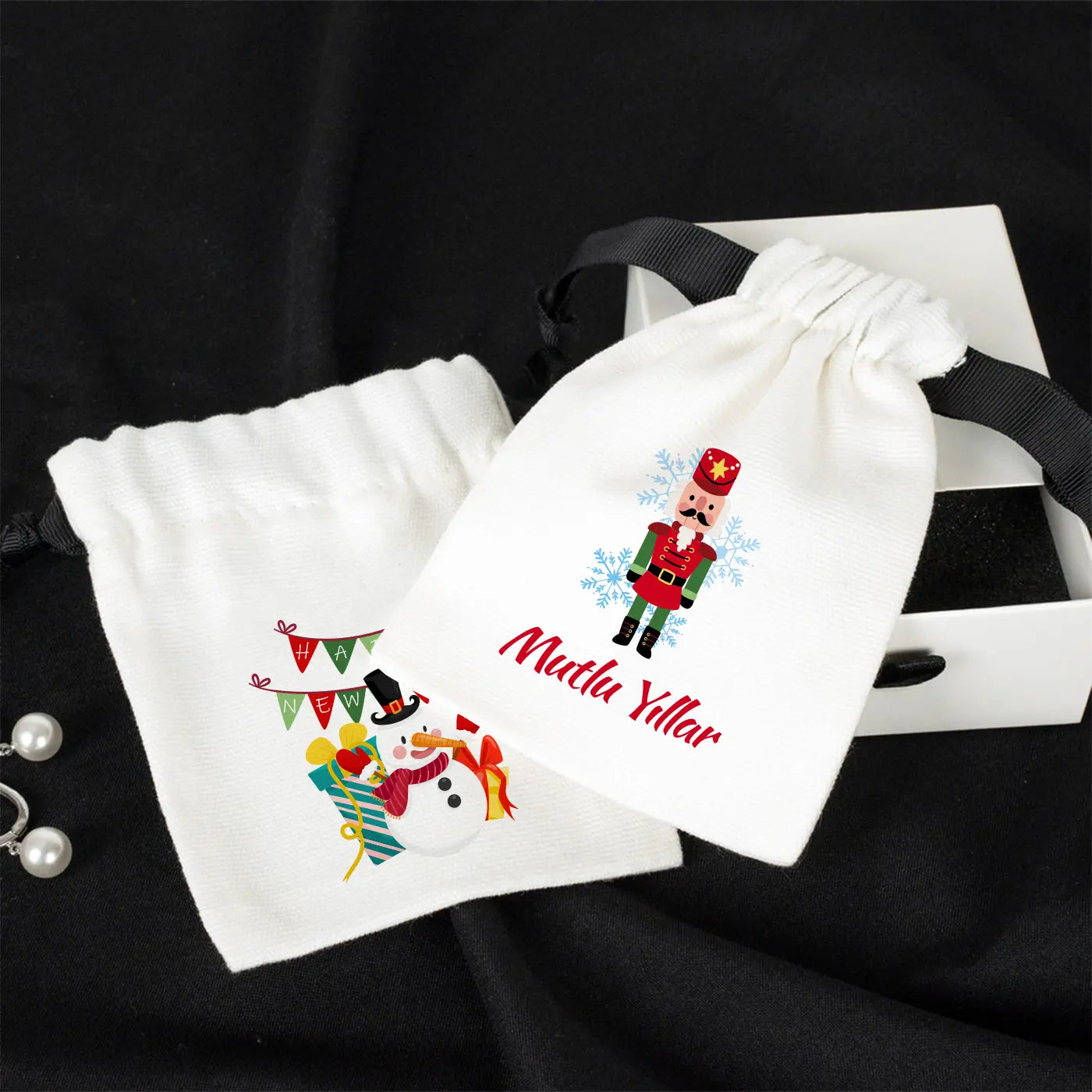 Yeni Yıla Özel Siyah İpli Bez Kese - Beyaz Panama Kumaş