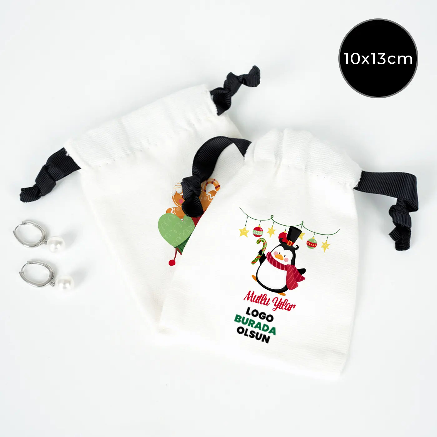 Yeni Yıla Özel Siyah İpli Bez Kese - Beyaz Panama Kumaş