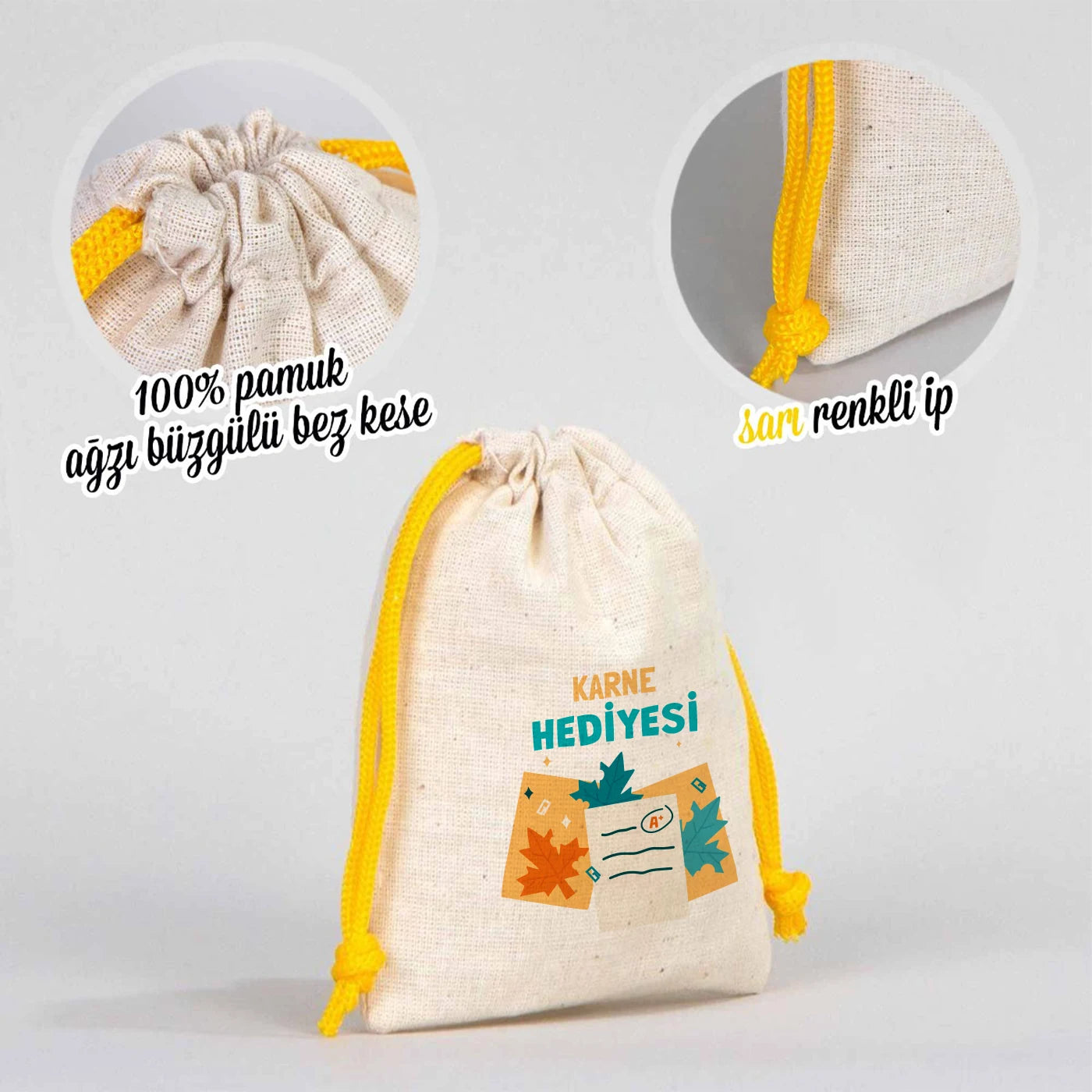 Natural tonlarında burlap görünümlü kumaştan yapılmış, sarı büzgülü ipli 10×13 cm kesenin üzerinde karne günü  temalı renkli çanta.