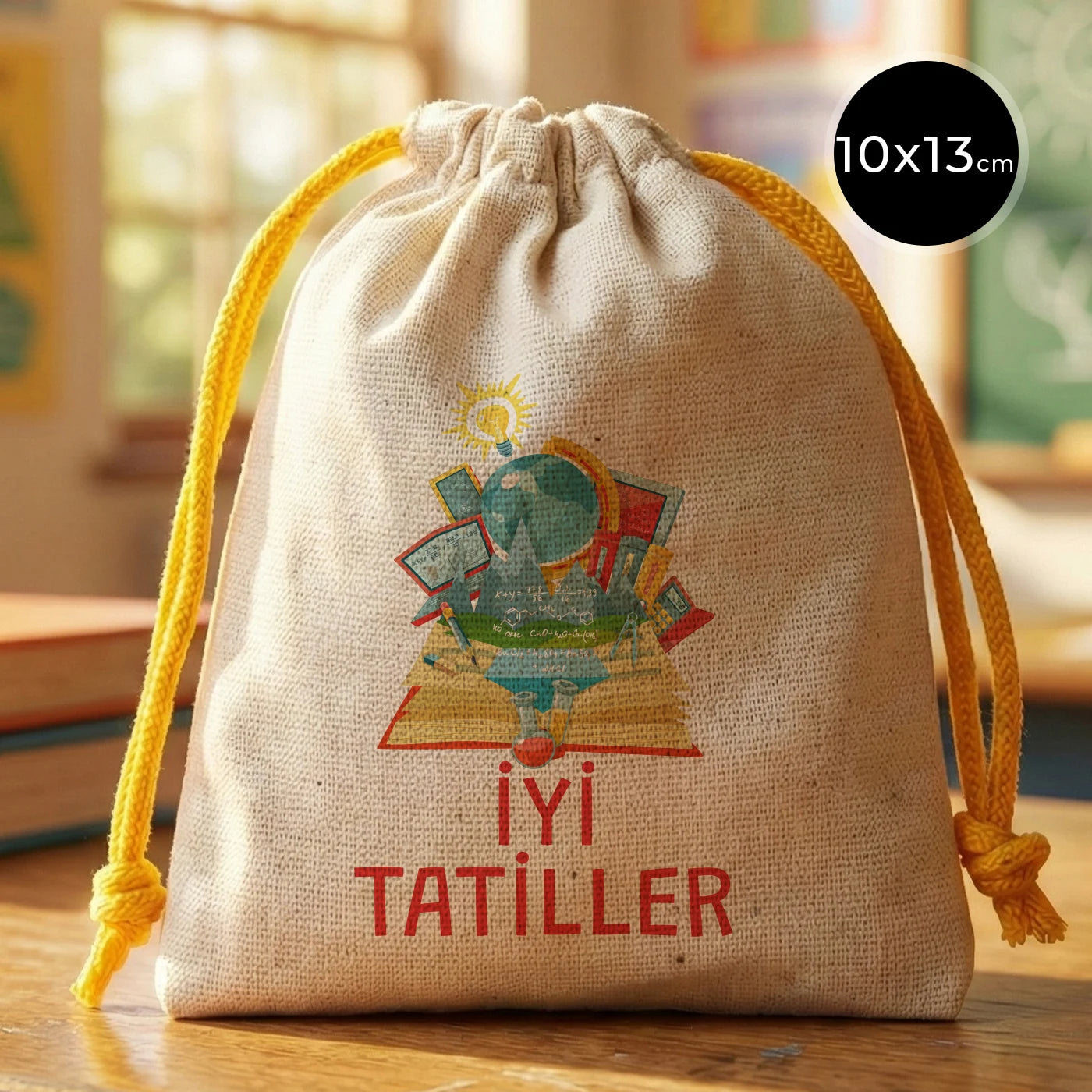 Natural tonlarında burlap görünümlü kumaştan yapılmış, sarı büzgülü ipli 10×13 cm kesenin üzerinde karne günü  temalı renkli çanta.