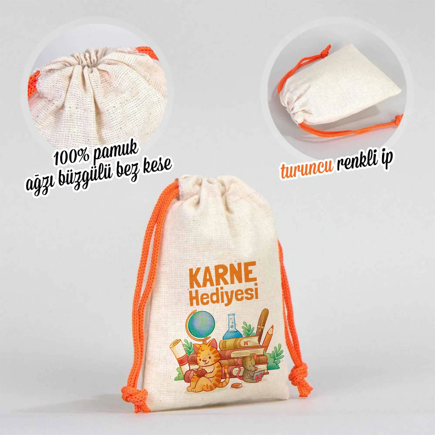 Karne Hediyesi baskılı, turuncu ipli 10×13 cm bez hediye kesesi; okul temalı desenli hediye çantası.