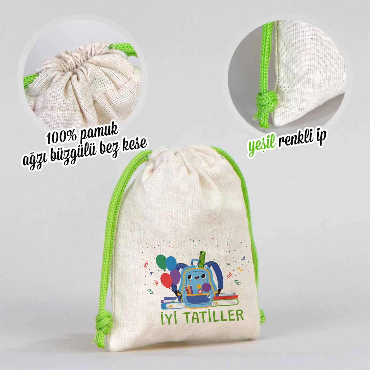 10×13 cm doğal renkli kumaş kese, ön yüzünde karne temalı renkli baskı ve yeşil büzgü ipleri bulunan model.