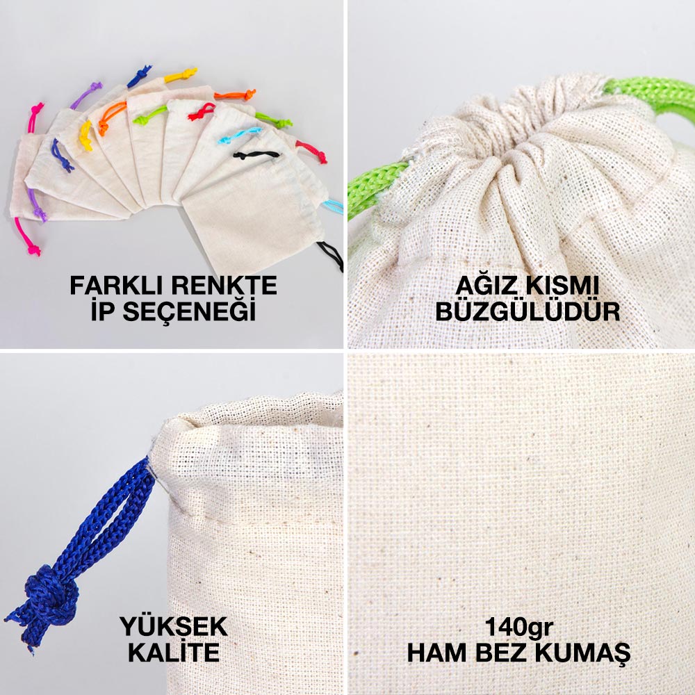 10×13 cm doğal renkli kumaş kese, ön yüzünde karne temalı renkli baskı ve yeşil büzgü ipleri bulunan model.