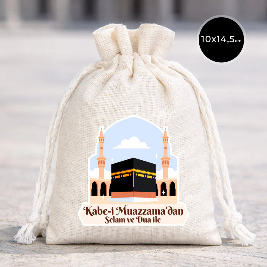 10x14,5 cm Dualarımıza Sizi de Ekledik | Hac ve Umre Hediyelik Bez Kese (Gündüz)