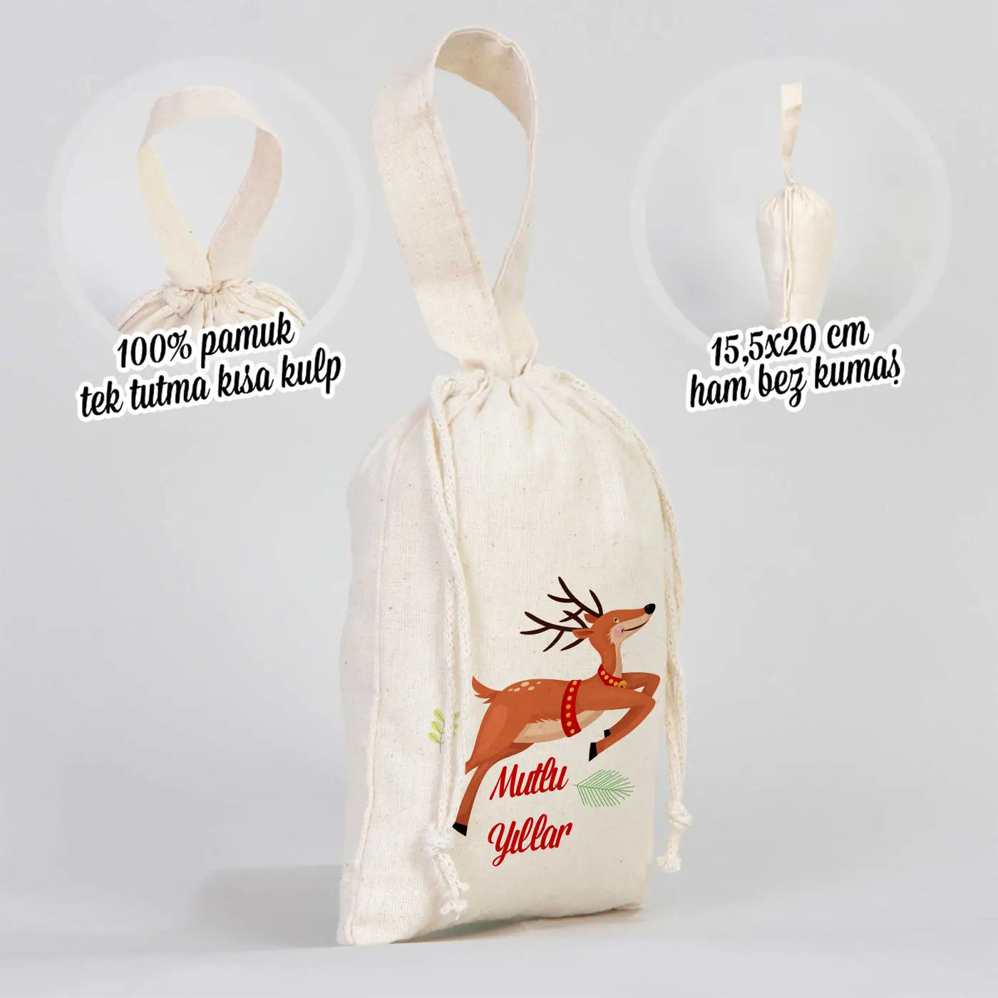 Yılbaşı Özel Bez Kese (15,5 x 20 cm) Tek Tutma Kısa Kulp (Özelleştirebilir)