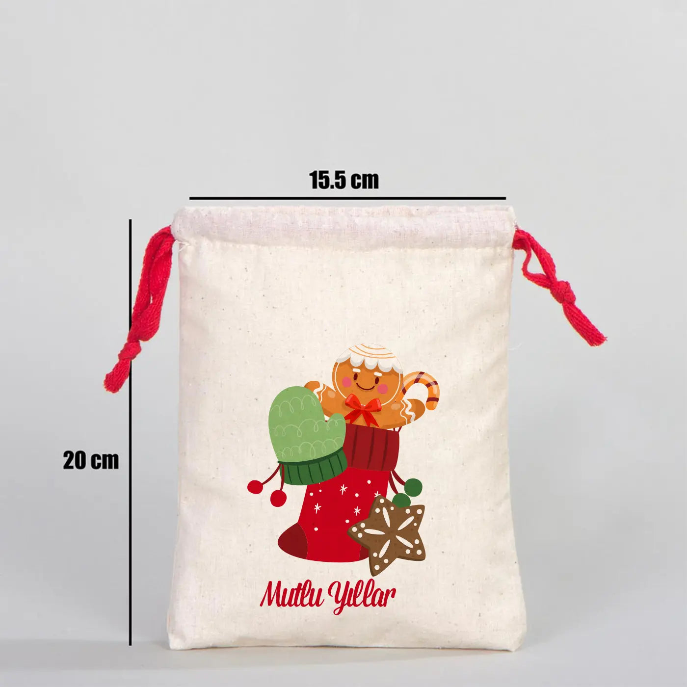 Yılbaşı Desenli Bez Kese 15,5x20 cm - Renkli İp - Kırmızı (Özelleştirilebilir)