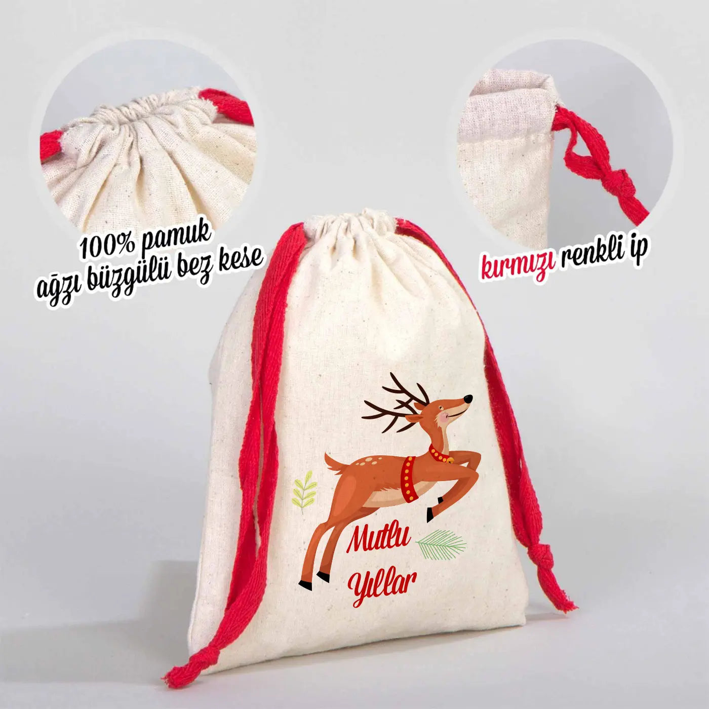 Yılbaşı Desenli Bez Kese 15,5x20 cm - Renkli İp - Kırmızı (Özelleştirilebilir)