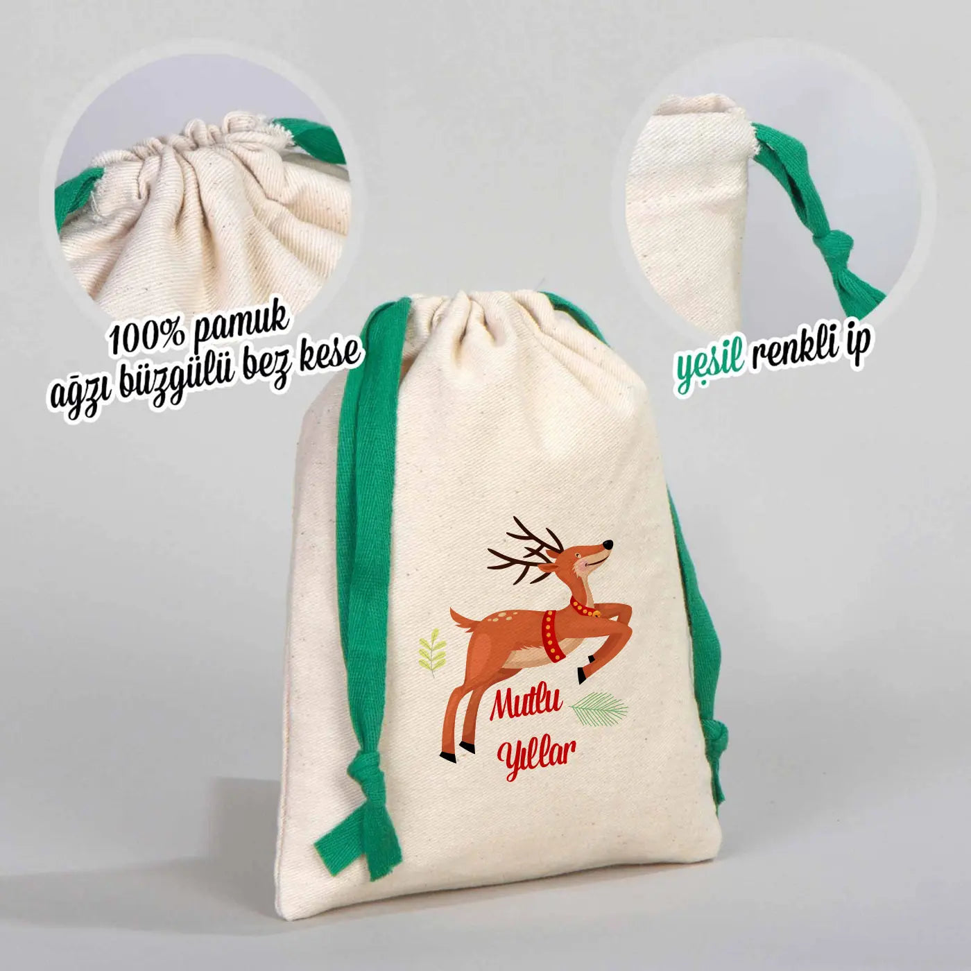 Yilbaşı Baskılı Bez Kese 15,5x20 cm - Renkli İp - Yeşil (Özelleştirilebilir)