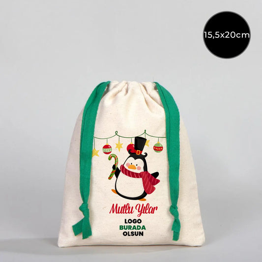 Yilbaşı Baskılı Bez Kese 15,5x20 cm - Renkli İp - Yeşil (Özelleştirilebilir)
