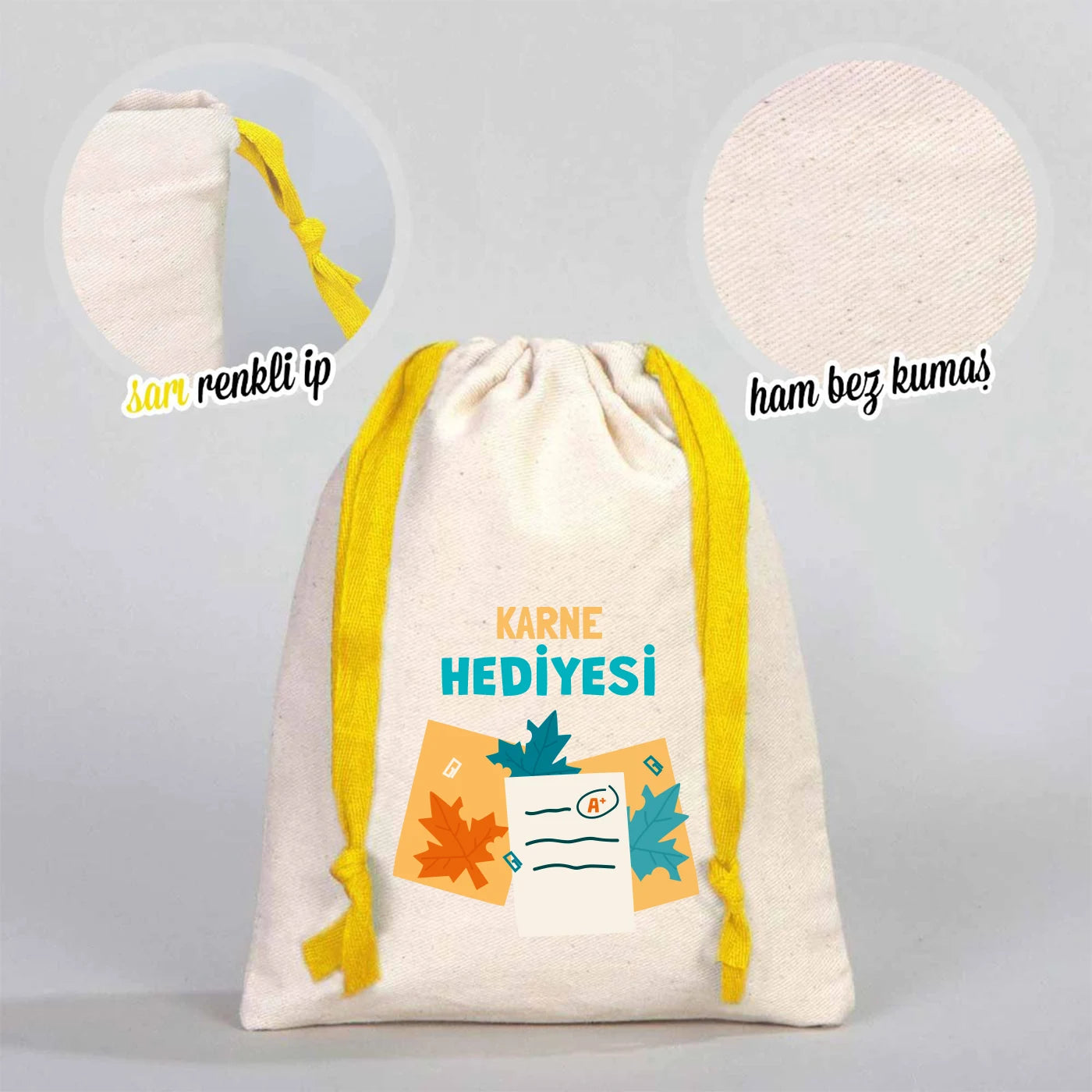 Ham Bez Karne Günü Kesesi – Sarı Büzgülü Pamuk 15,5×20 cm (Özelleştirilebilir)