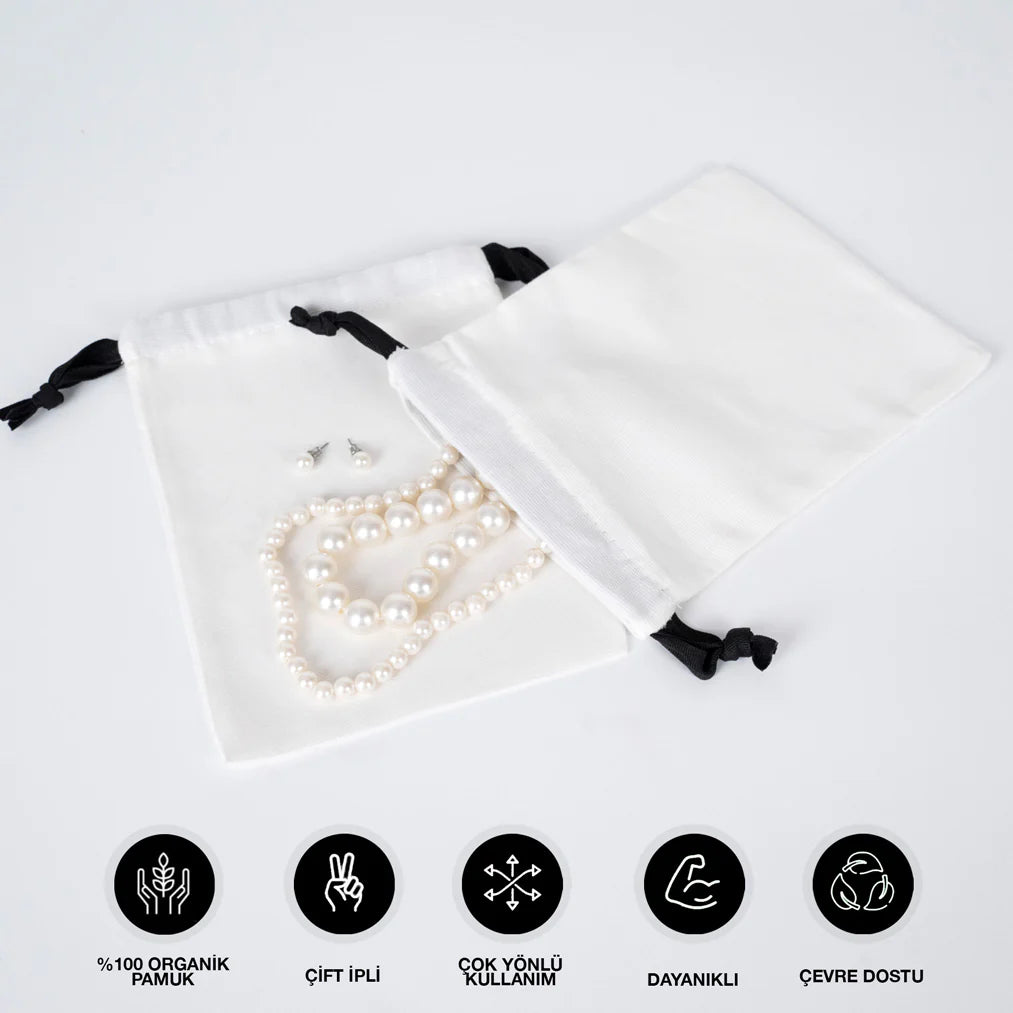 15x20 cm Beyaz Panama Siyah İpli Bez Kese - Kadınlar Günü Hediyesi