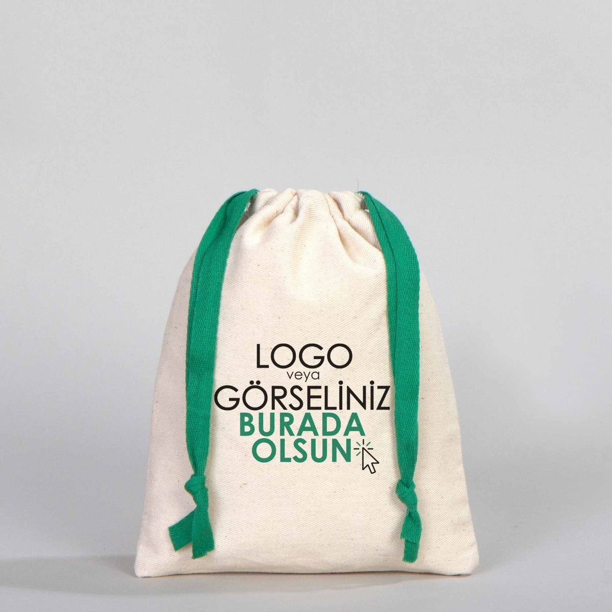 Ham Bez Karne Günü Kesesi – Yeşil Büzgülü Pamuk 15,5×20 cm (Özelleştirilebilir)