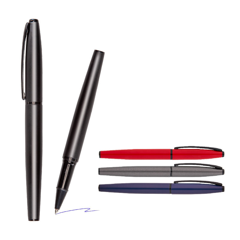 Metal roller kalem, siyah kırmızı gri ve lacivert renk seçenekleriyle şık tasarımlı roller kalem modeli.