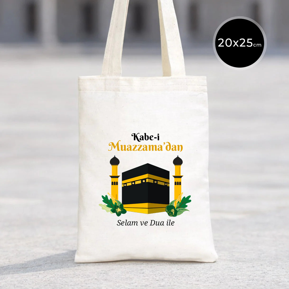 20x25 cm Dualarımıza Sizi de Ekledik | Hac ve Umre Hediyelik Ham Bez Çanta