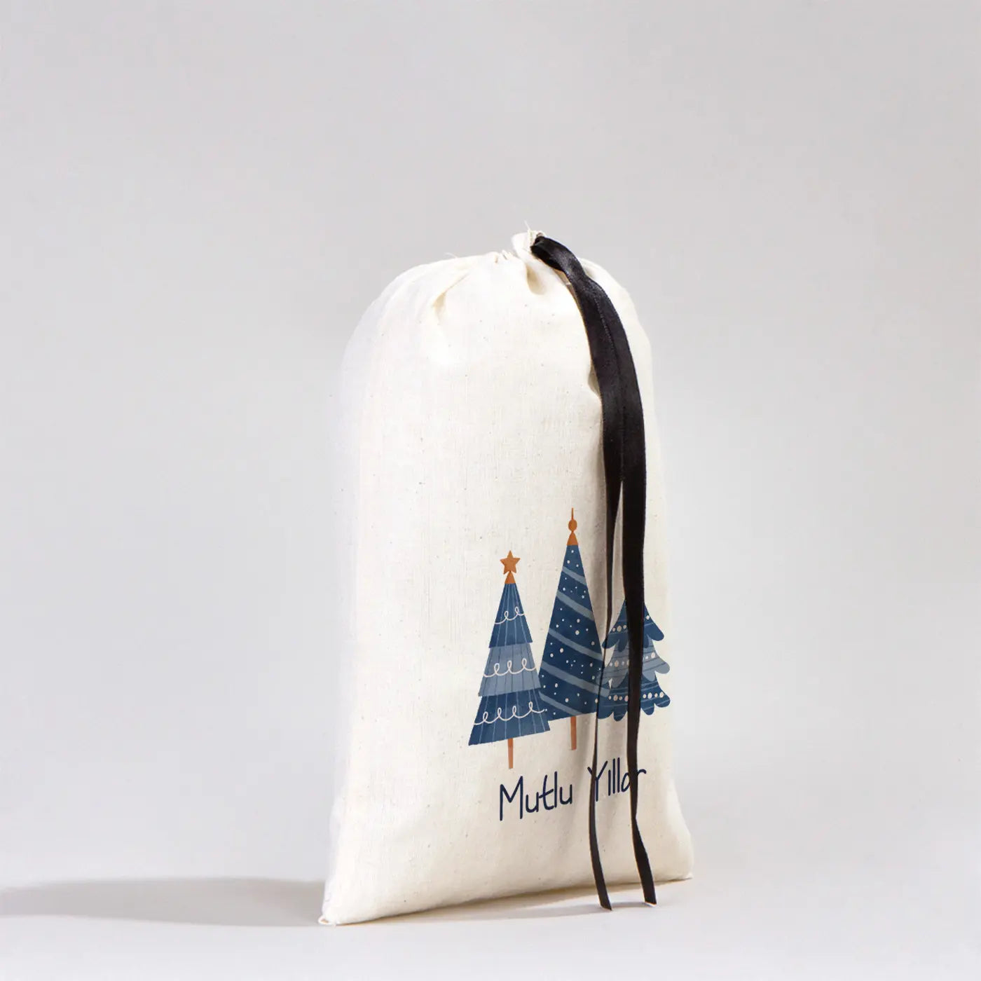 Yılbaşı Özel Bez Kese Siyah Kurdelalı - 20x30 cm (Özelleştirilebilir)