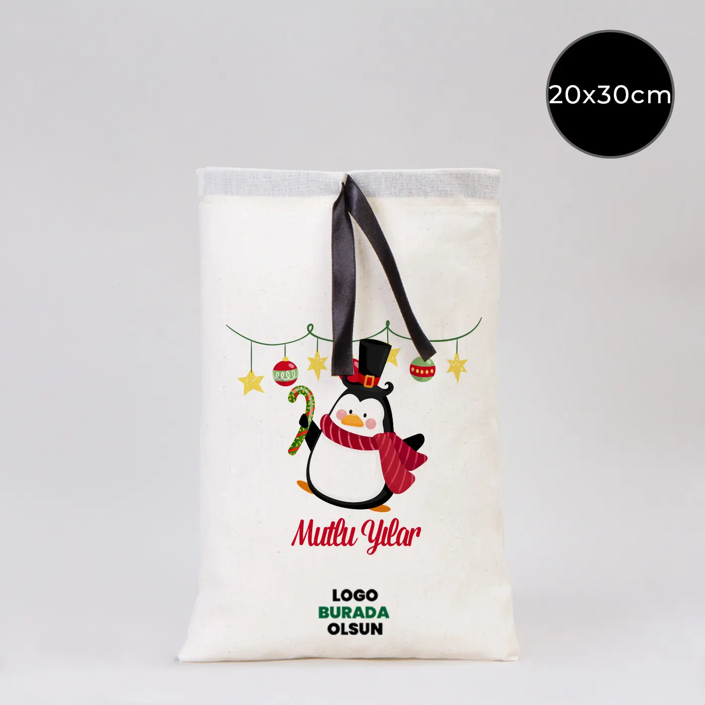 Yılbaşı Özel Bez Kese Siyah Kurdelalı - 20x30 cm (Özelleştirilebilir)