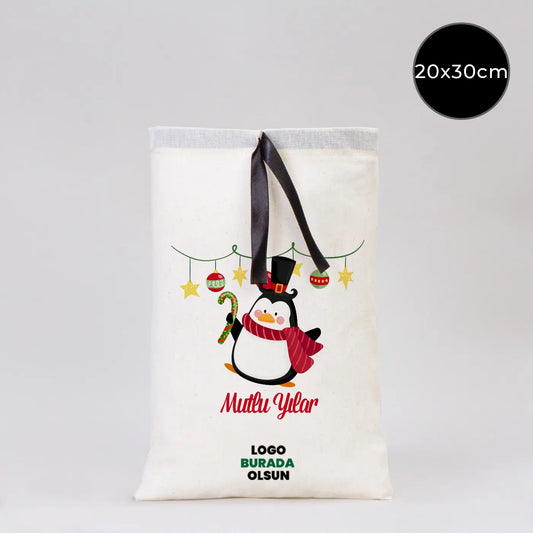 Yılbaşı Özel Bez Kese Siyah Kurdelalı - 20x30 cm (Özelleştirilebilir)