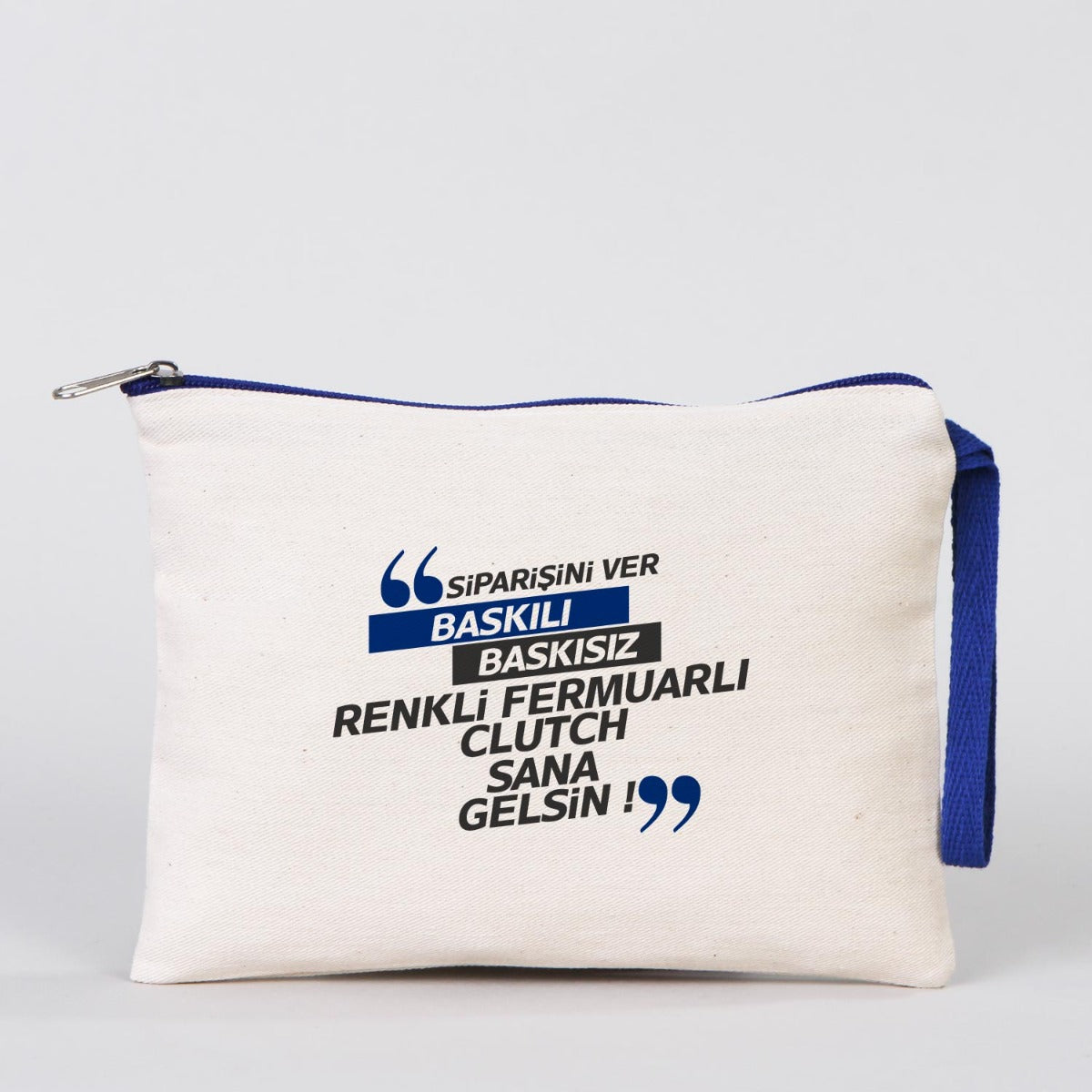 Karne Günü Desenli Clutch –  Saks Mavisi Fermuarlı 21×15 cm (Özelleştirilebilir)