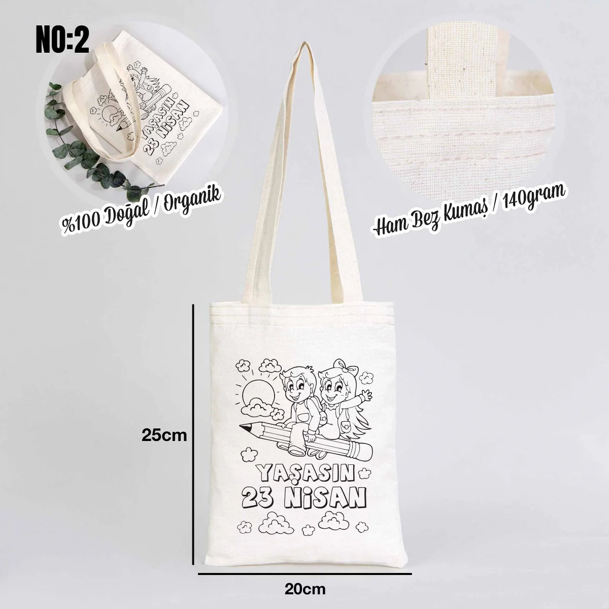 Boyanabilir 20x25 cm Ham Bez Kitap Çanta - 23 Nisan Hediyesi - detay görünüm