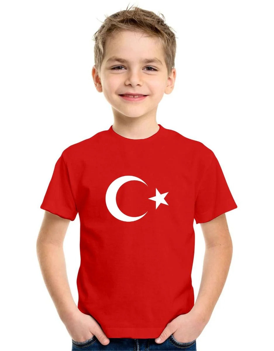 Ay Yıldız Baskılı Promosyon Çocuk Tişört - Kırmızı - yakın çekim