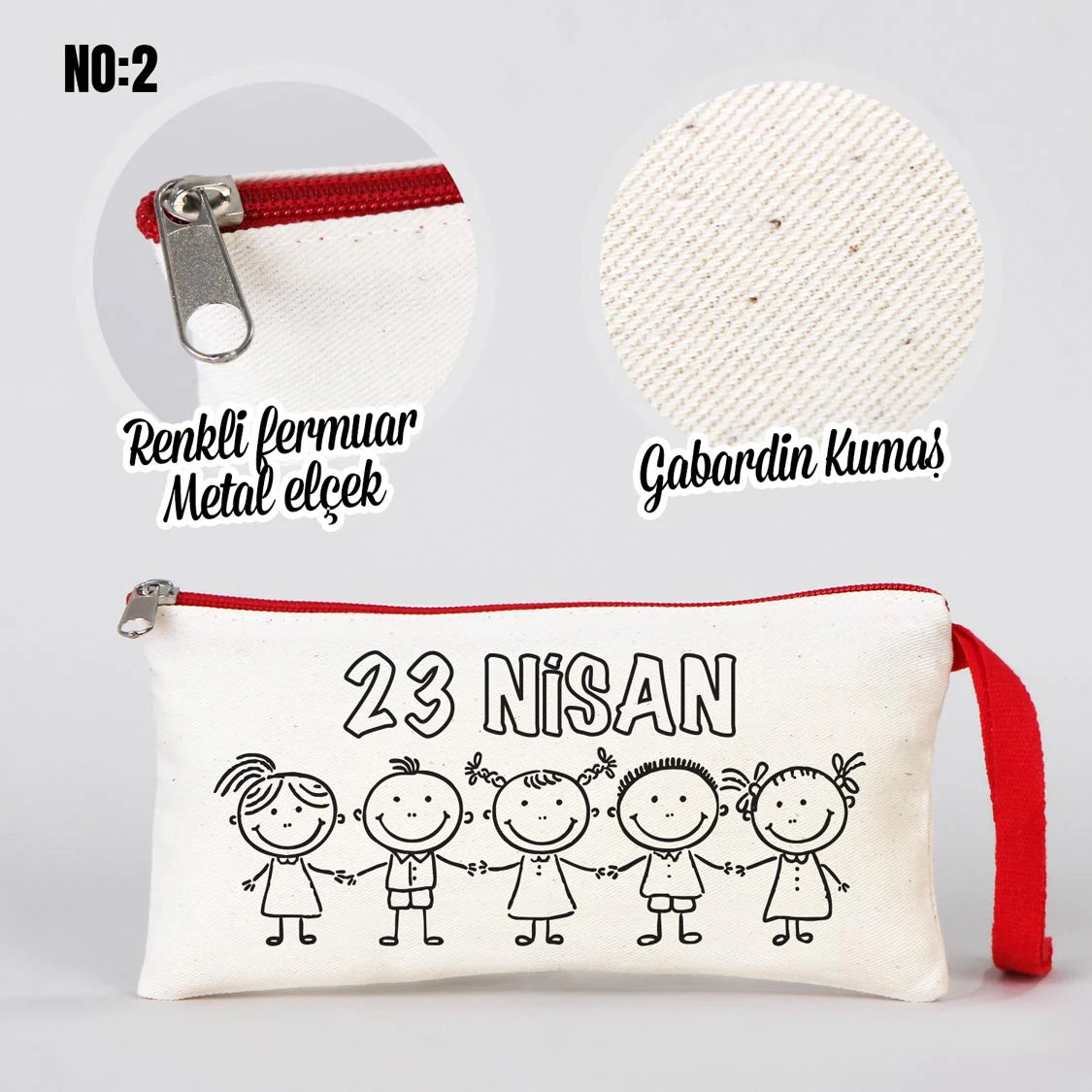 Boyanabilir 21x10 cm Renkli Fermuarlı Gabardin Kalemlik - 23 Nisan Hediyesi - detay görünüm