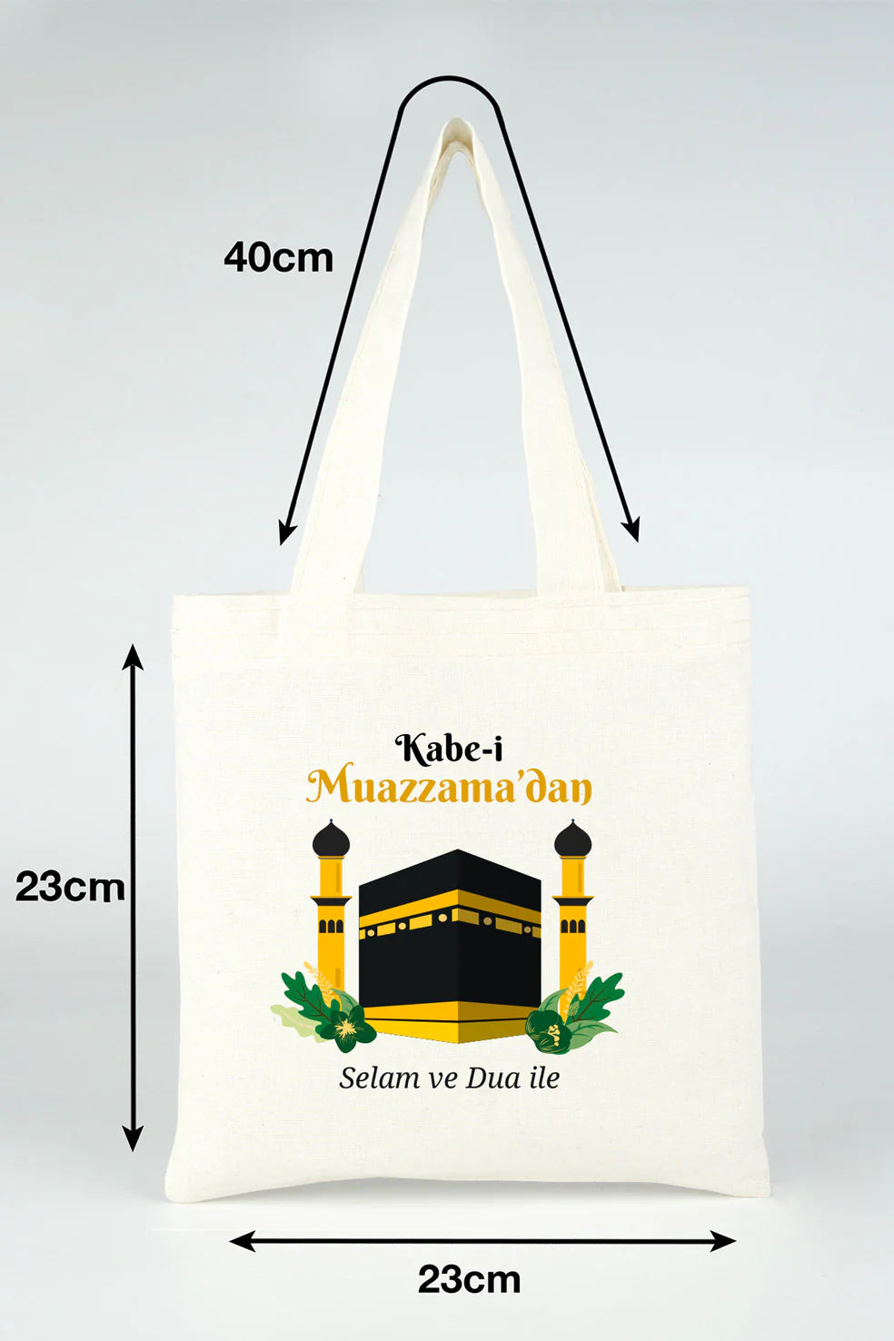 23x23 cm Dualarımıza Sizi de Ekledik | Hac ve Umre Hediyelik Ham Bez Çanta - yakın çekim