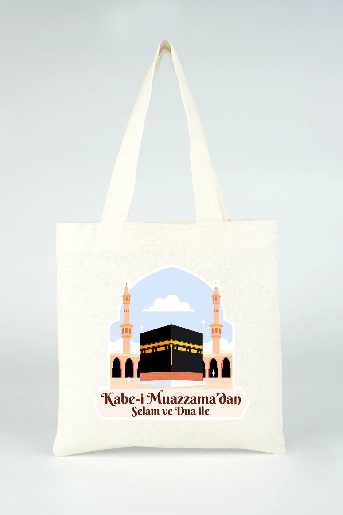 23x23 cm Dualarımıza Sizi de Ekledik | Hac ve Umre Hediyelik Ham Bez Çanta - detay görünüm