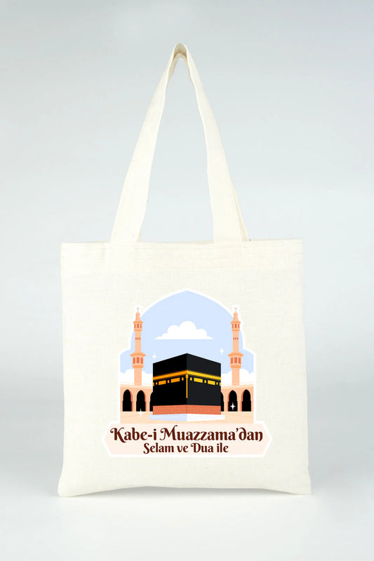 23x23 cm Dualarımıza Sizi de Ekledik | Hac ve Umre Hediyelik Ham Bez Çanta - detay görünüm