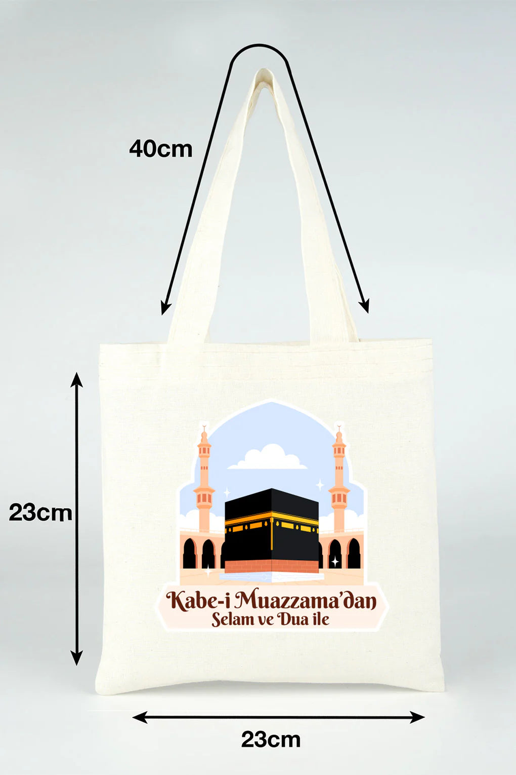 23x23 cm Dualarımıza Sizi de Ekledik | Hac ve Umre Hediyelik Ham Bez Çanta - yakın çekim