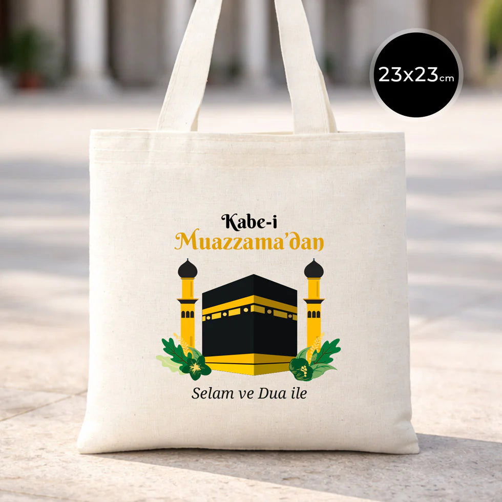 23x23 cm Dualarımıza Sizi de Ekledik | Hac ve Umre Hediyelik Ham Bez Çanta