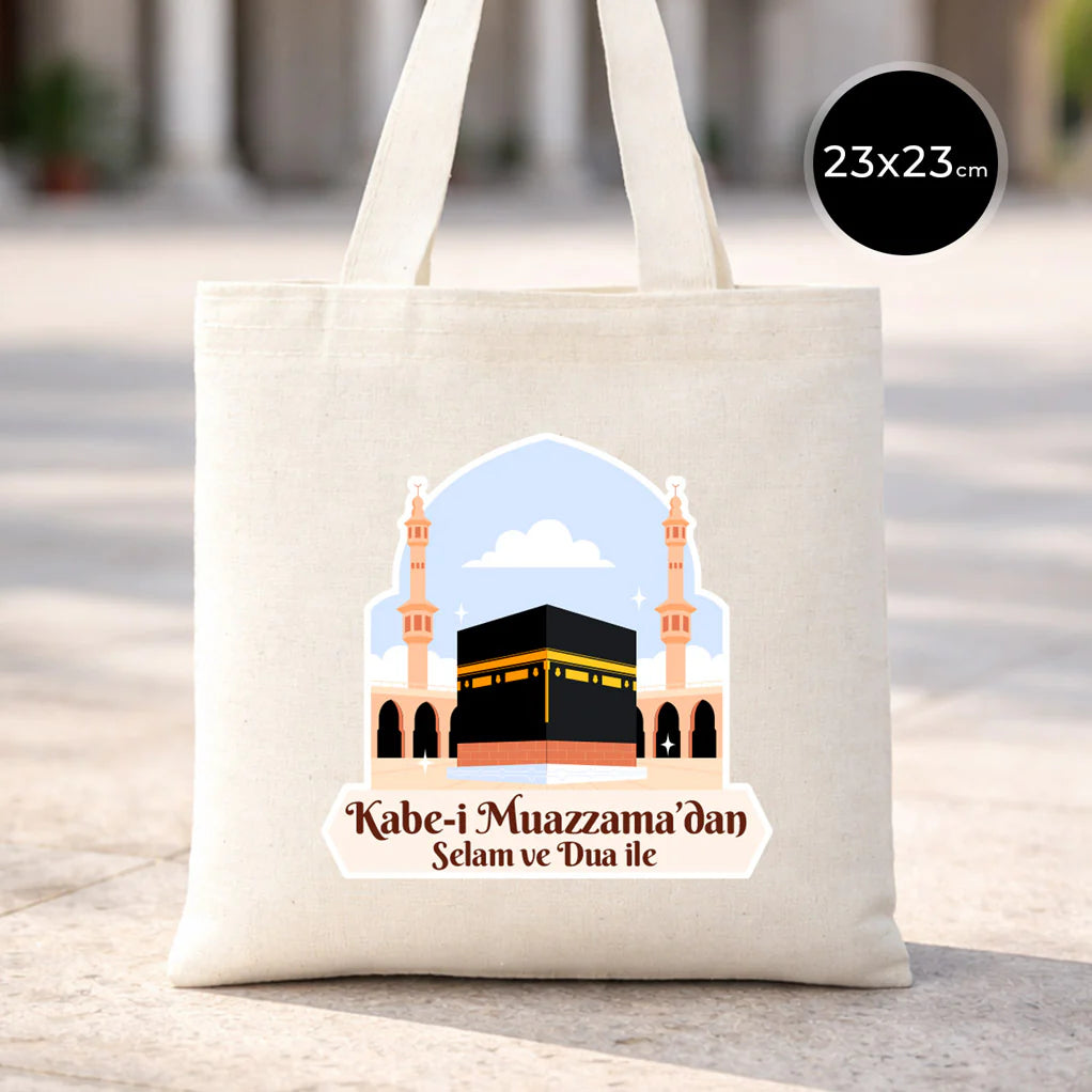 23x23 cm Dualarımıza Sizi de Ekledik | Hac ve Umre Hediyelik Ham Bez Çanta