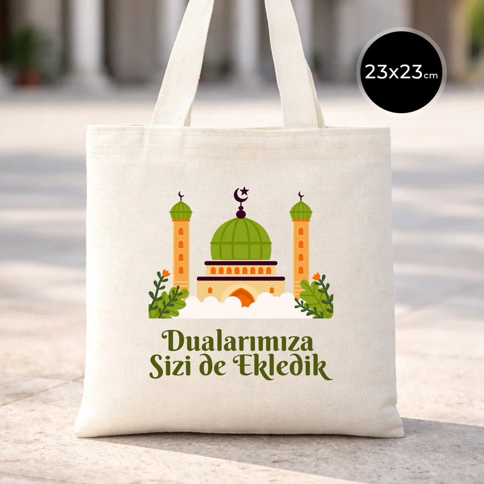 Hac ve Umre Hediyelik Ham Bez Çanta | 23x23 cm Kabe-i Muazzama’dan Selam ve D...