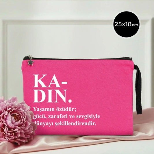 25x18 cm Fuşya Astarlı Kanvas Kalemlik - Kadınlar Günü Hediyesi