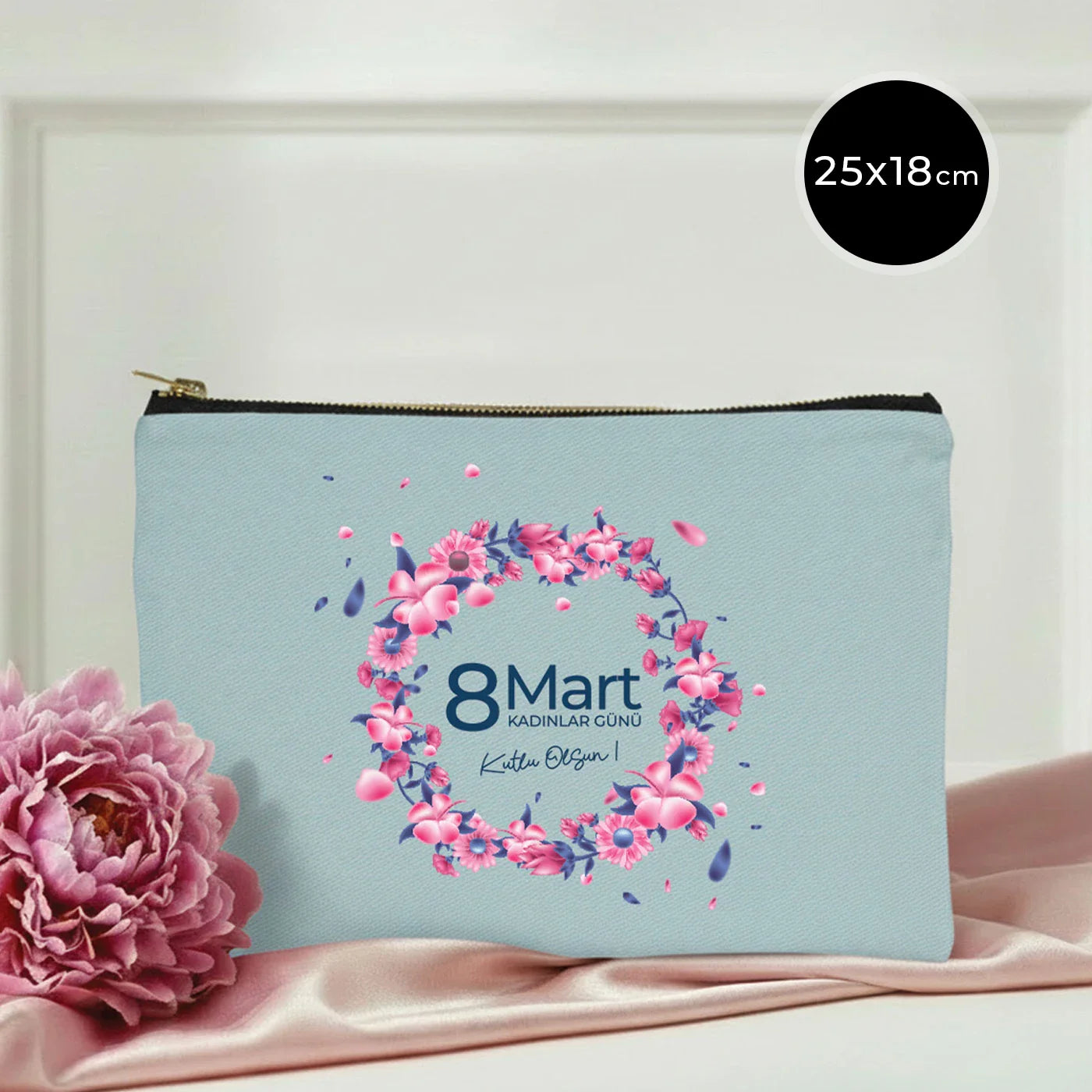25x18 cm Açık Mavi Metal Fermuarlı Kalemlik - Kadınlar Günü Hediyesi