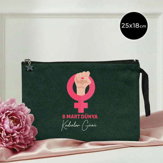 25x18 cm Çam Yeşili Astarlı Kanvas Kalemlik - Kadınlar Günü Hediyesi