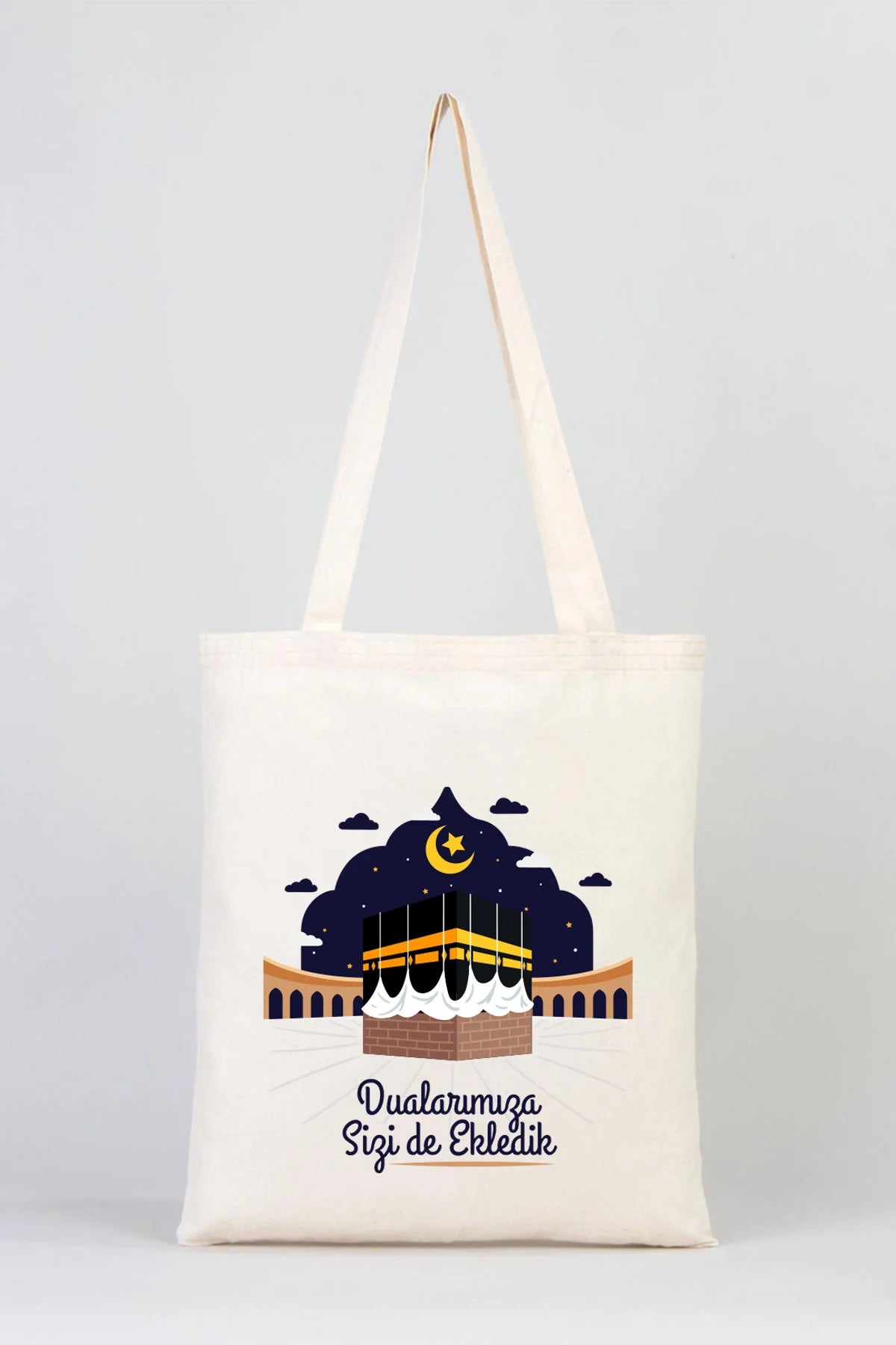 35x40 cm Dualarımıza Sizi de Ekledik | Hac ve Umre Hediyelik Ham Bez Çanta - detay görünüm