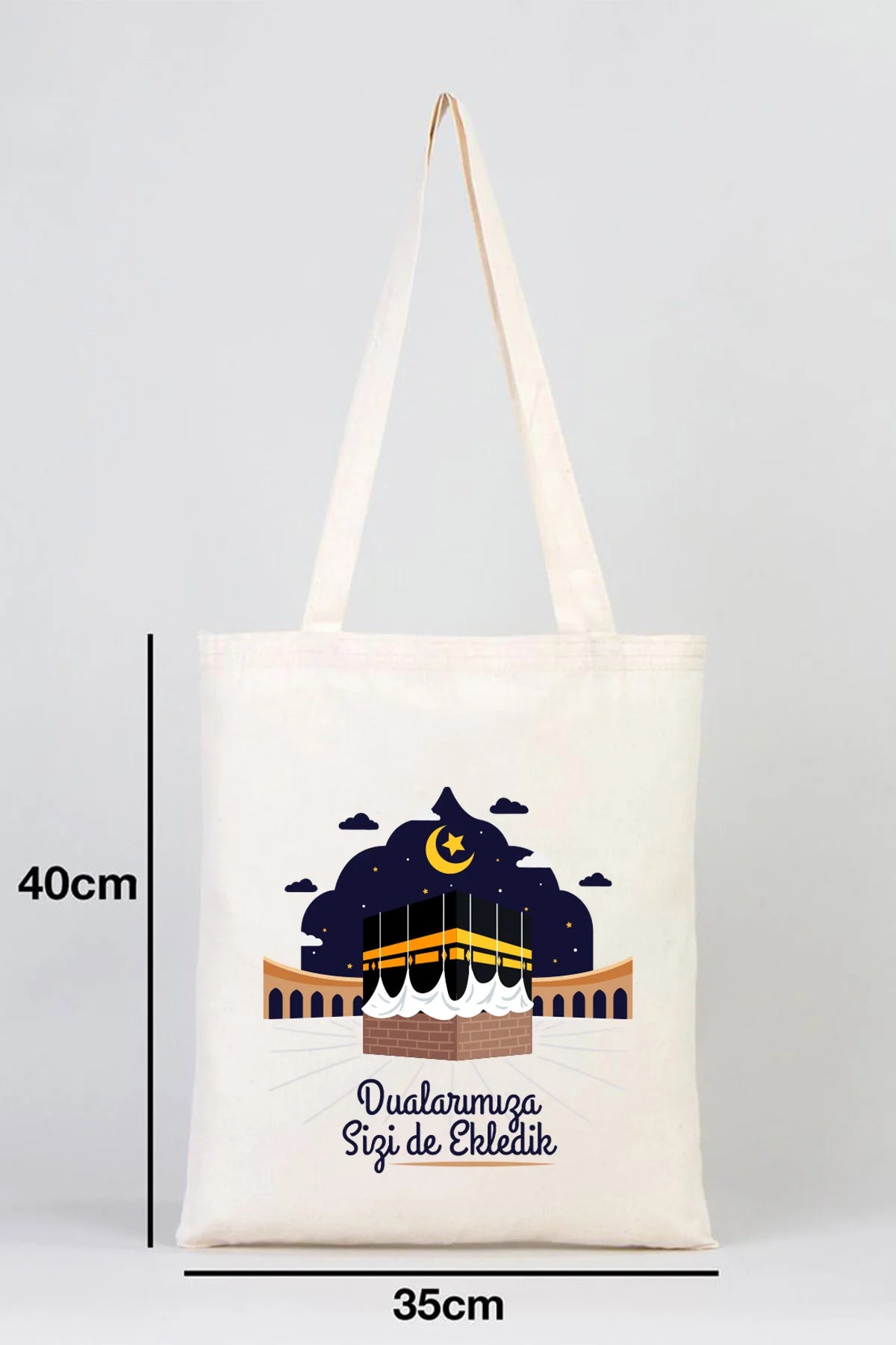 35x40 cm Dualarımıza Sizi de Ekledik | Hac ve Umre Hediyelik Ham Bez Çanta - yakın çekim