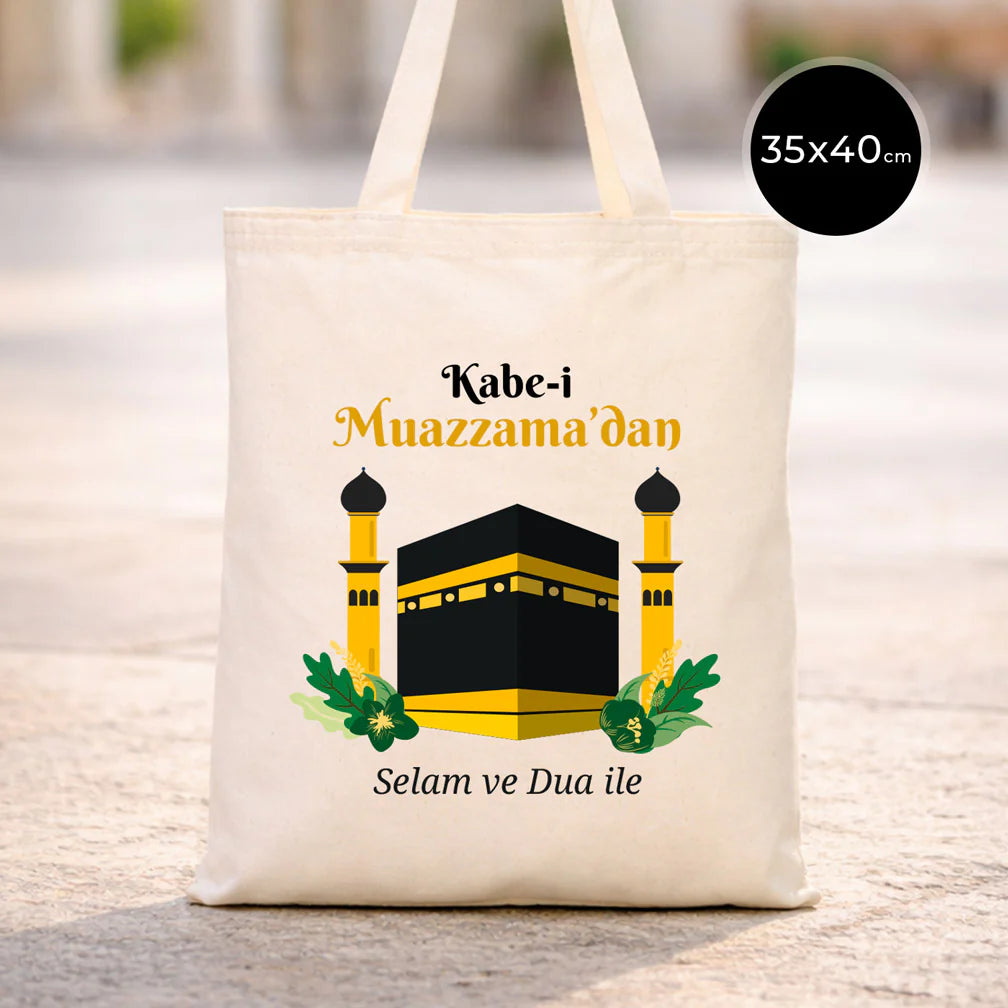 35x40 cm Dualarımıza Sizi de Ekledik | Hac ve Umre Hediyelik Ham Bez Çanta