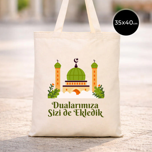 Hac ve Umre Hediyelik Ham Bez Çanta | 35x40 cm Kabe-i Muazzama’dan Selam ve D...