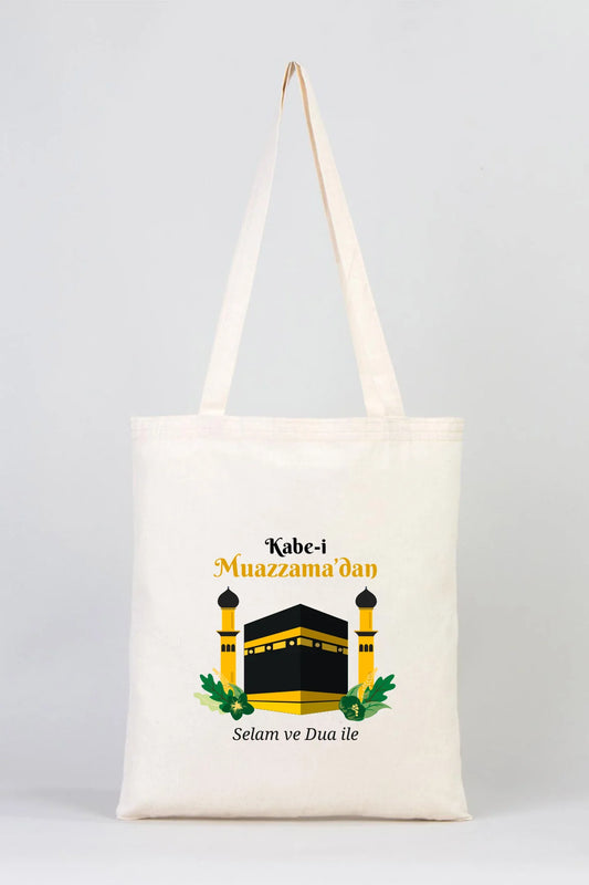 35x40 cm Dualarımıza Sizi de Ekledik | Hac ve Umre Hediyelik Ham Bez Çanta - detay görünüm