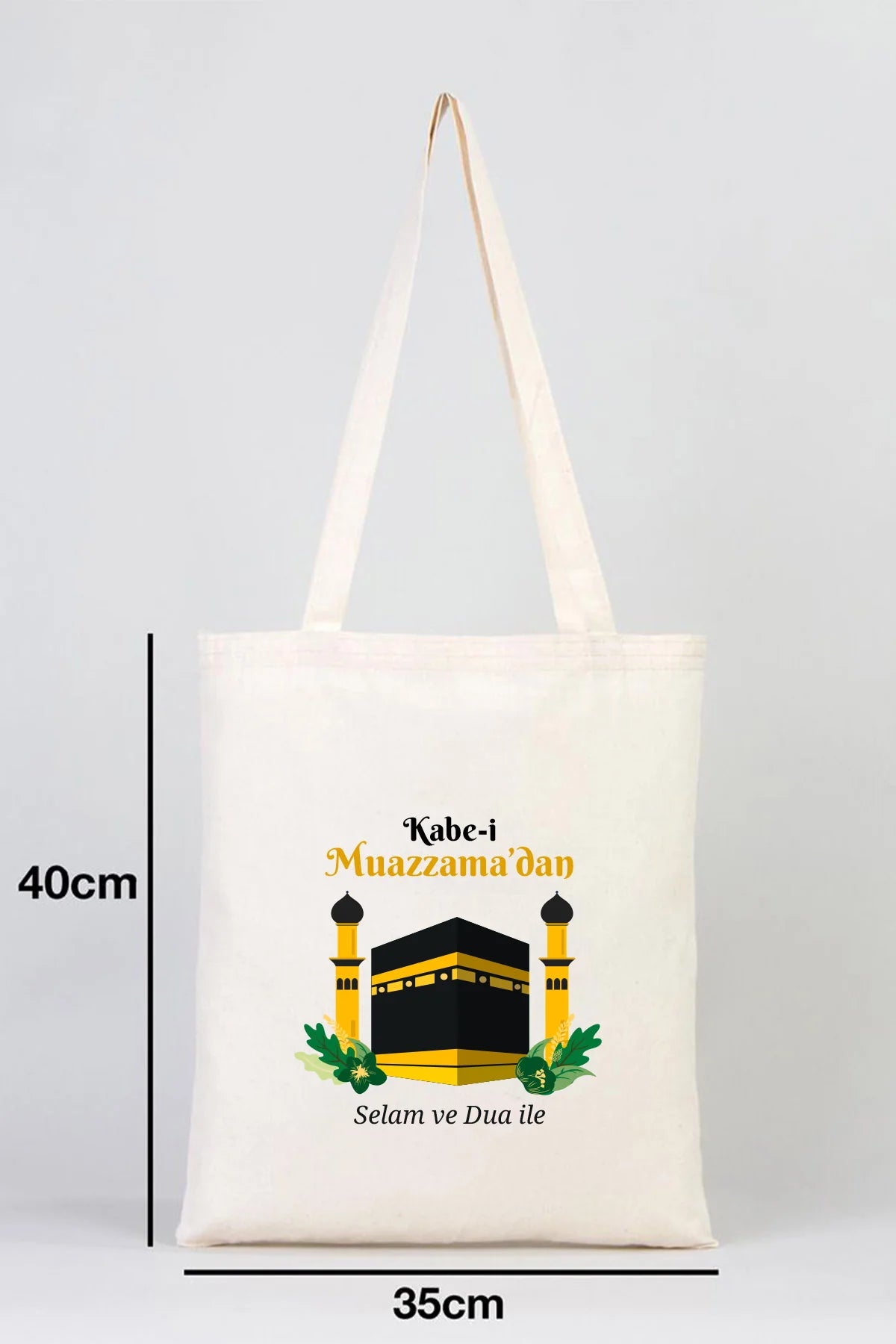 35x40 cm Dualarımıza Sizi de Ekledik | Hac ve Umre Hediyelik Ham Bez Çanta - yakın çekim