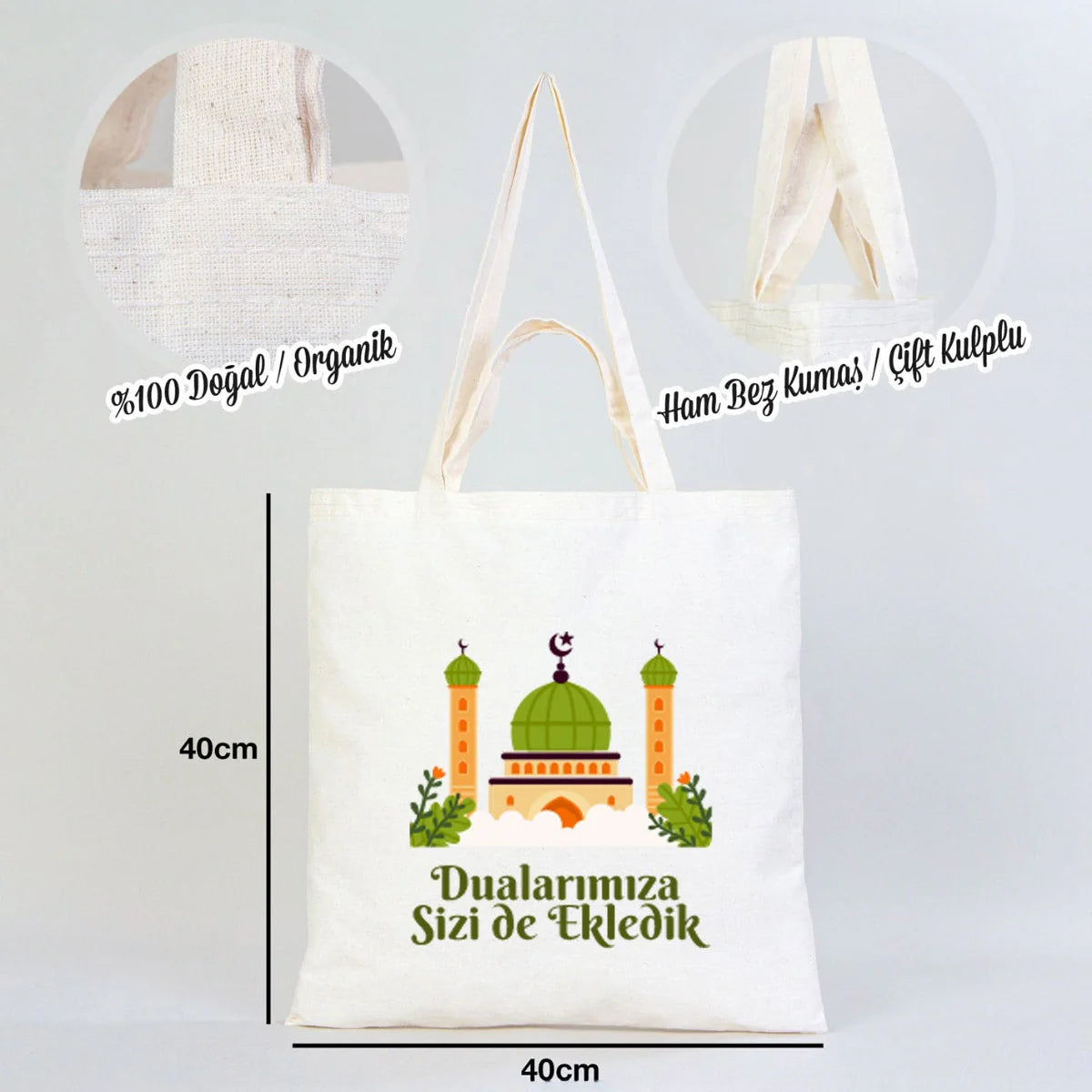 Hac ve Umre Hediyelik Ham Bez Çanta | 40x40 cm Kabe-i Muazzama’dan Selam ve D... - yakın çekim