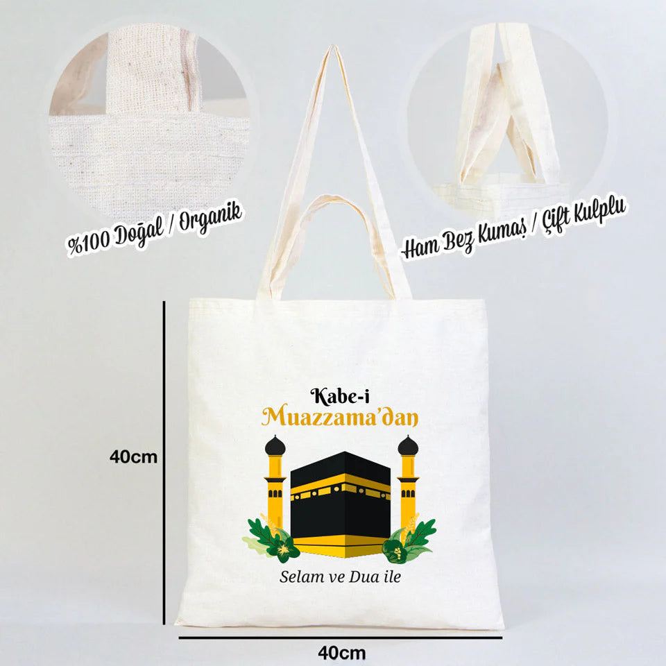 40x40 cm Dualarımıza Sizi de Ekledik | Hac ve Umre Hediyelik Hambez Çanta - yakın çekim