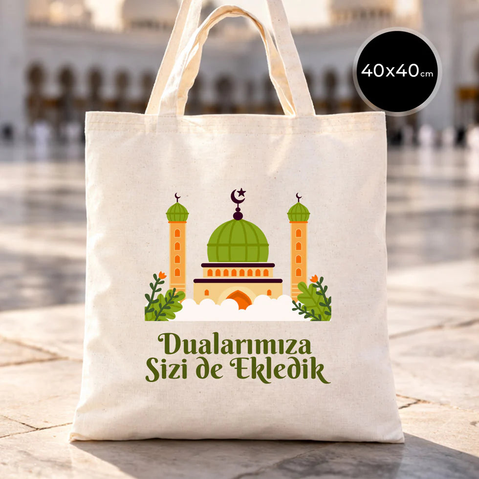 Hac ve Umre Hediyelik Ham Bez Çanta | 40x40 cm Kabe-i Muazzama’dan Selam ve D...