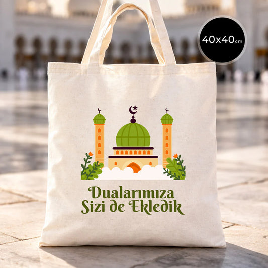 Hac ve Umre Hediyelik Ham Bez Çanta | 40x40 cm Kabe-i Muazzama’dan Selam ve D...