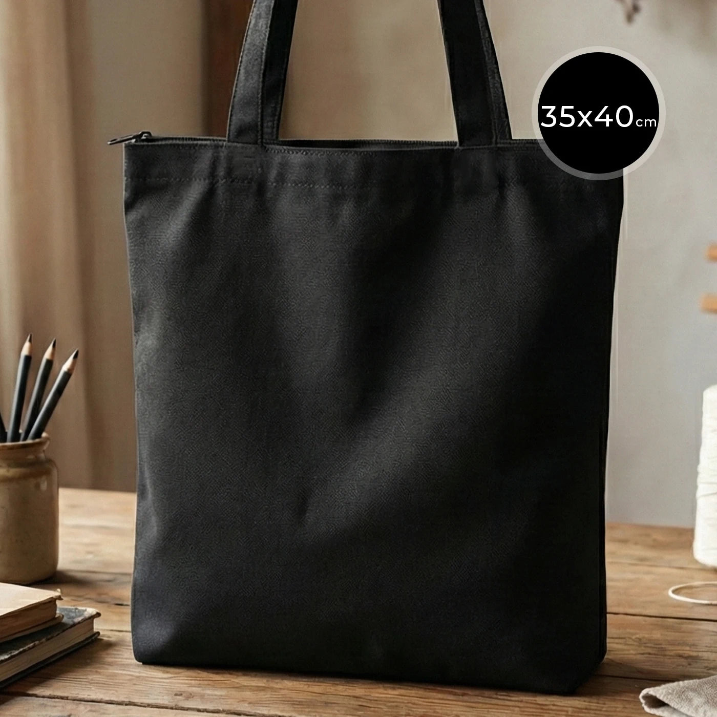 Fermuarlı Siyah Gabardin Bez Çanta 35x40cm