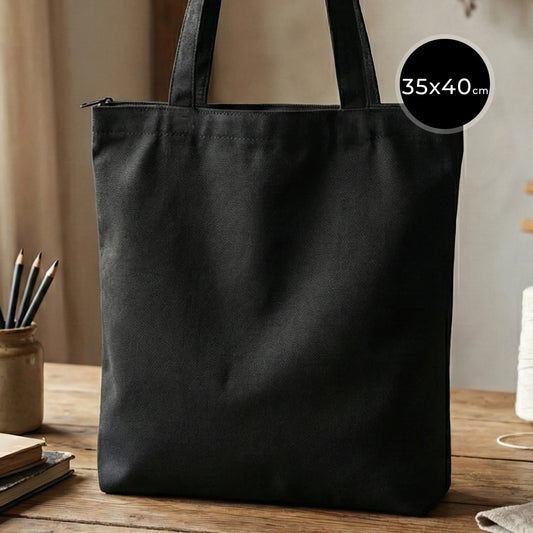 Fermuarlı Siyah Gabardin Bez Çanta 35x40cm