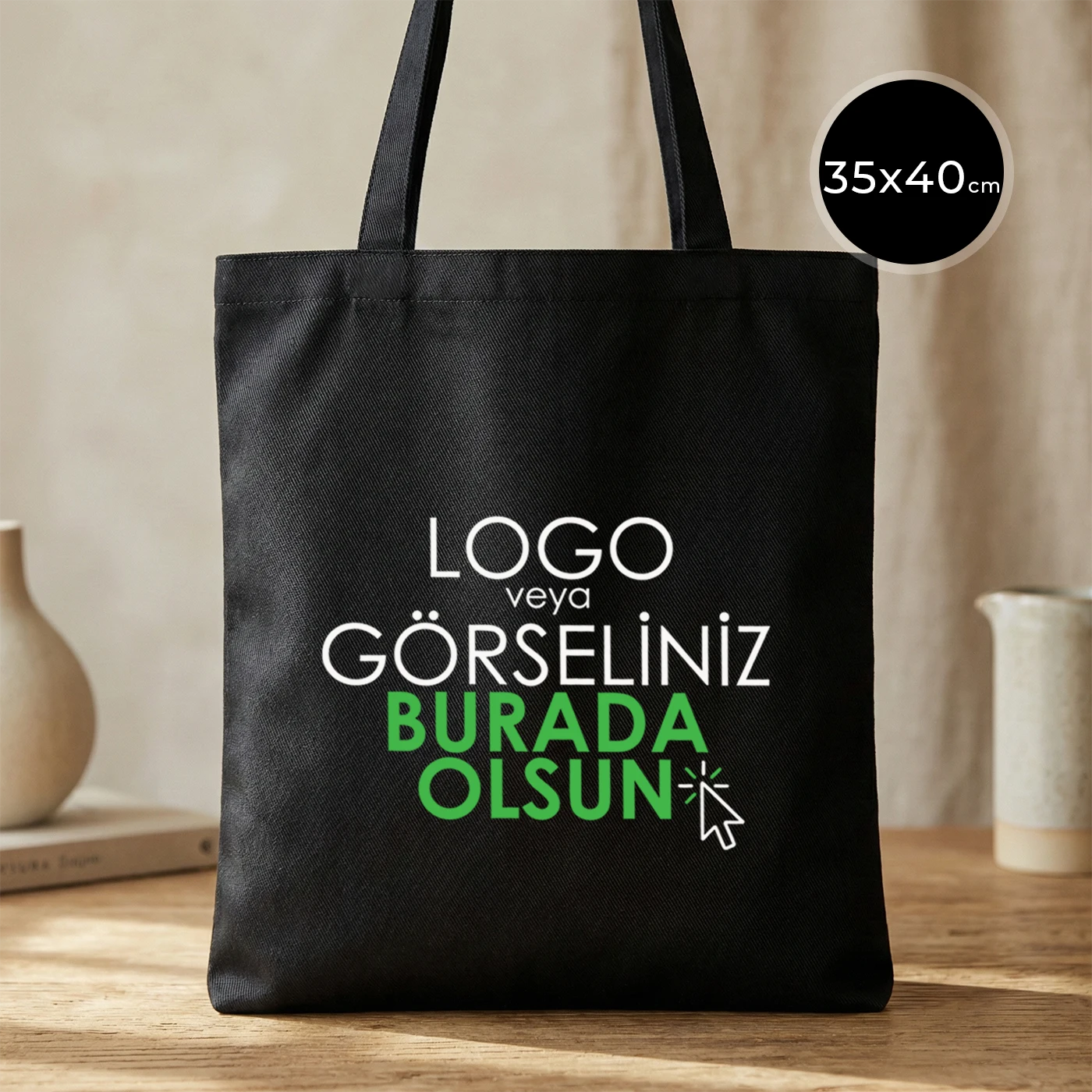 Siyah Gabardin Bez Çanta 35x40 cm (Özelleştirilebilir)