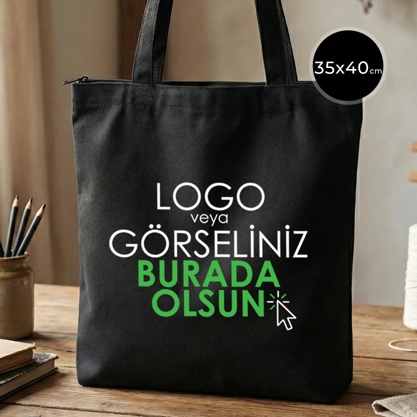Fermuarlı Siyah Gabardin Bez Çanta 35x40cm (Özelleştirilebilir)